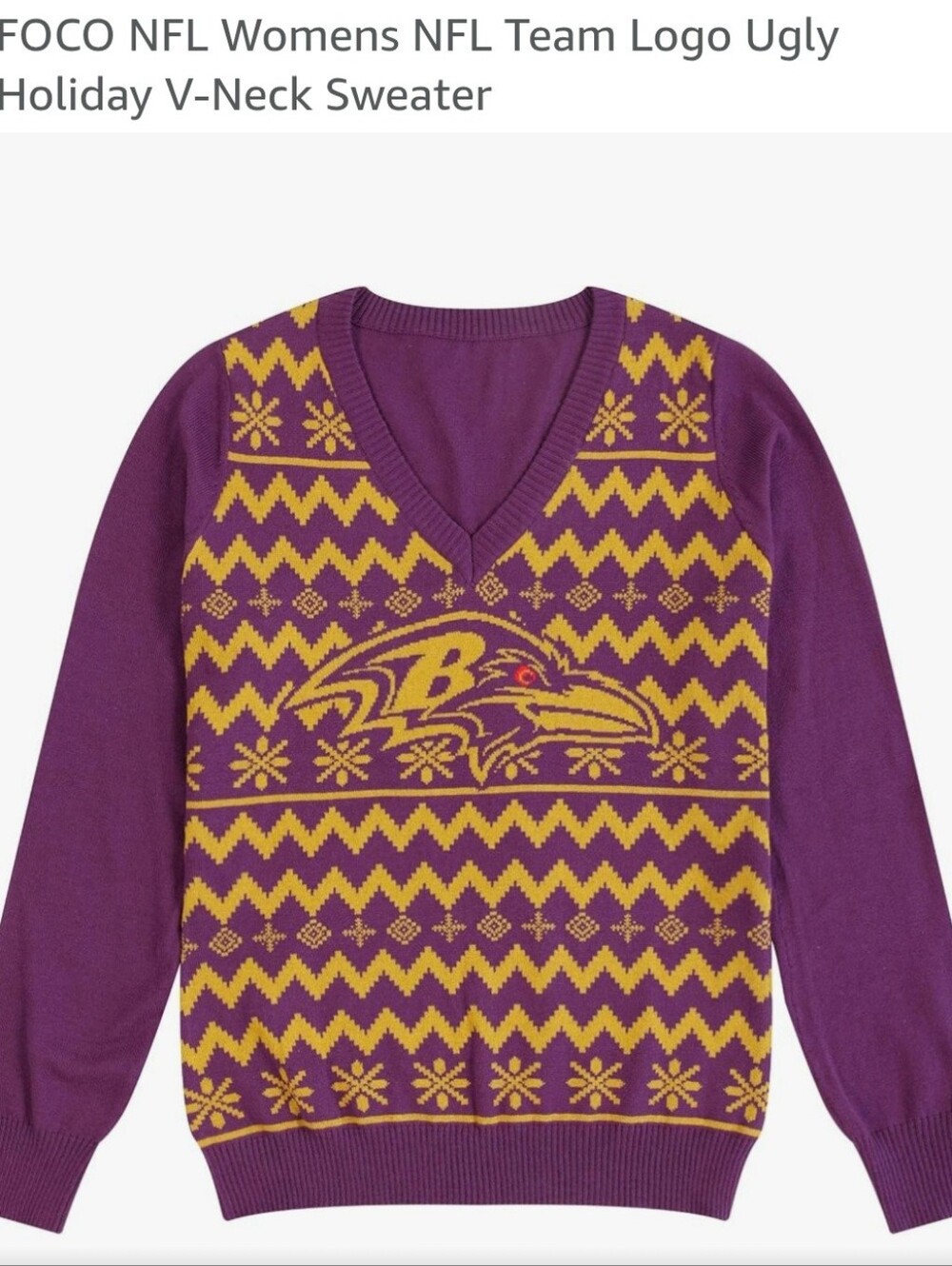 FOCO NFL Womens NFL Team Baltimore Ravens Logo Holiday V-Neck Sweater Small NEW